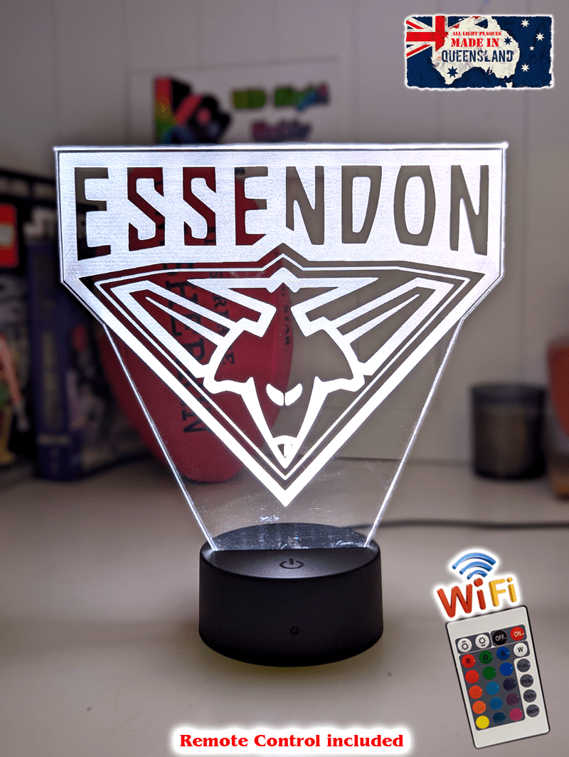 Essendon Bombers 3D LED lamp with 16-colour remote control – adjustable brightness and fade.