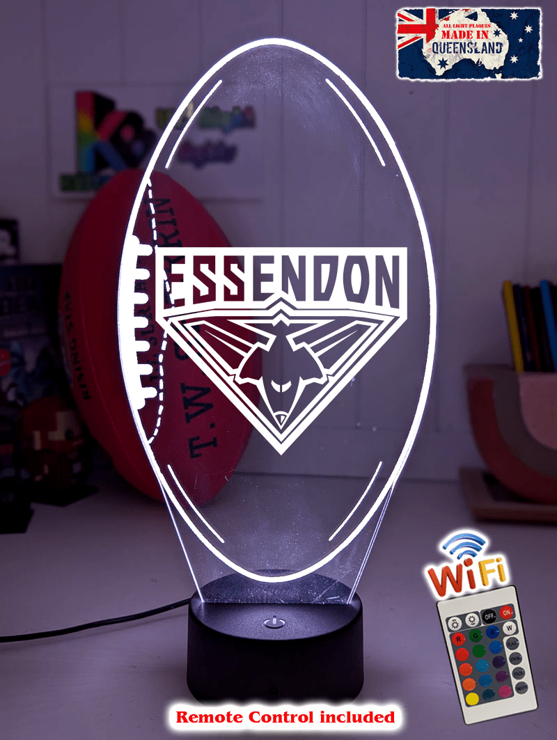 Essendon Bombers 3D LED light glowing in red, blue, green, yellow, purple, white and more.