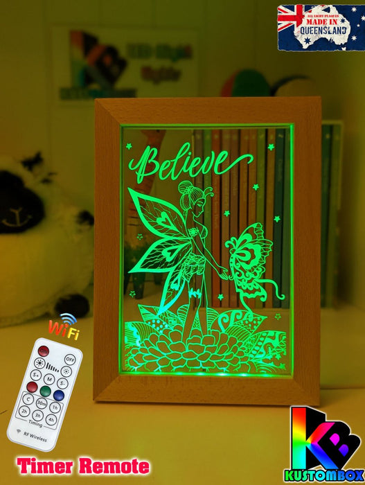 Fairy & Butterfly Believe Personalised Name Timber Frame base USB 3D LED Night Light + Remote - KustomboxNight Lights & Ambient LightingKustomboxTimber Frame Light