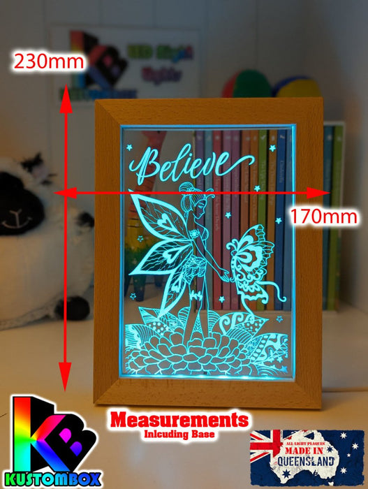 Fairy & Butterfly Believe Personalised Name Timber Frame base USB 3D LED Night Light + Remote - KustomboxNight Lights & Ambient LightingKustomboxTimber Frame Light