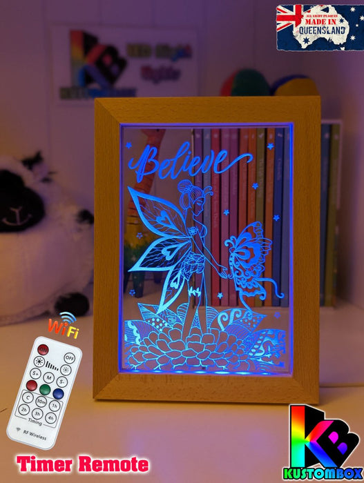 Fairy & Butterfly Believe Personalised Name Timber Frame base USB 3D LED Night Light + Remote - KustomboxNight Lights & Ambient LightingKustomboxTimber Frame Light