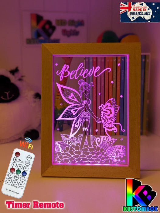 Fairy & Butterfly Believe Personalised Name Timber Frame base USB 3D LED Night Light + Remote - KustomboxNight Lights & Ambient LightingKustomboxTimber Frame Light