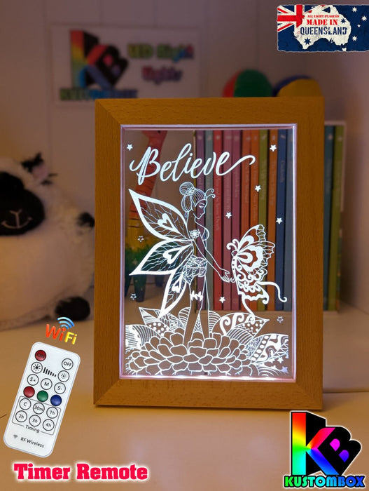 Fairy & Butterfly Believe Personalised Name Timber Frame base USB 3D LED Night Light + Remote - KustomboxNight Lights & Ambient LightingKustomboxTimber Frame Light