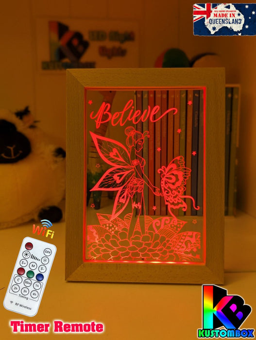 Fairy & Butterfly Believe Personalised Name Timber Frame base USB 3D LED Night Light + Remote - KustomboxNight Lights & Ambient LightingKustomboxTimber Frame Light