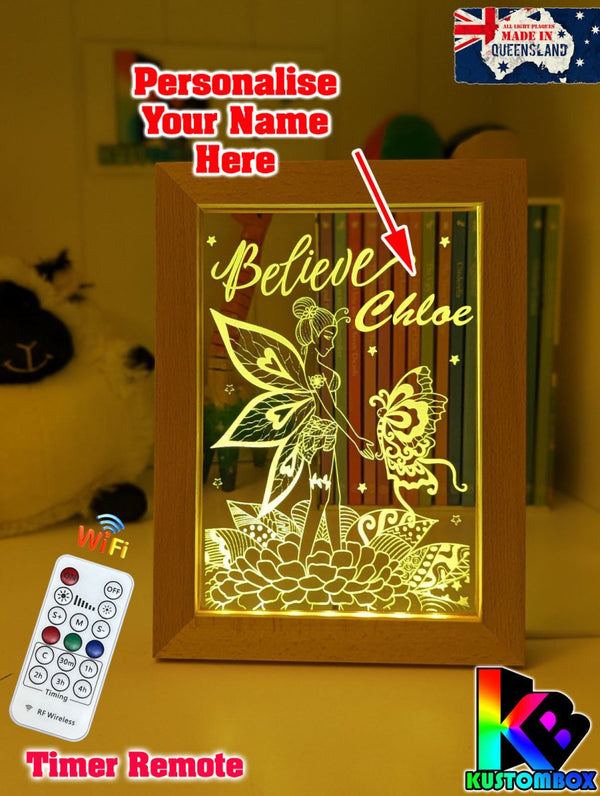 Fairy & Butterfly Believe Personalised Name Timber Frame base USB 3D LED Night Light + Remote - KustomboxNight Lights & Ambient LightingKustomboxTimber Frame Light