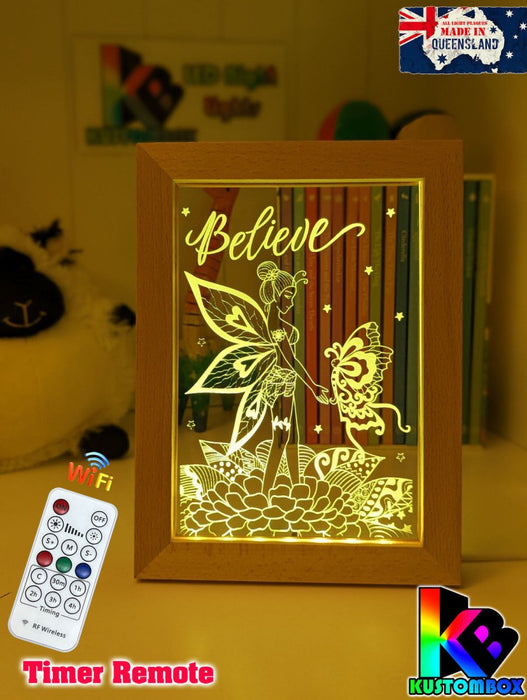 Fairy & Butterfly Believe Personalised Name Timber Frame base USB 3D LED Night Light + Remote - KustomboxNight Lights & Ambient LightingKustomboxTimber Frame Light