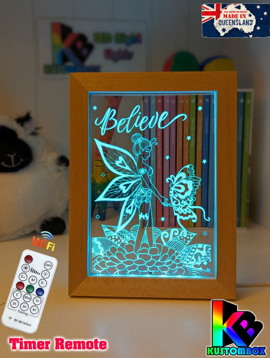 Fairy & Butterfly Believe Personalised Name Timber Frame base USB 3D LED Night Light + Remote - KustomboxNight Lights & Ambient LightingKustomboxTimber Frame Light