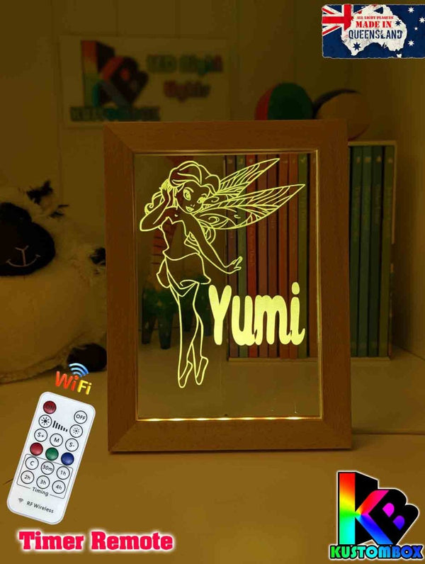 Fairy Princess Personalised Name Timber Frame base USB 3D LED Night Light + Remote - KustomboxNight Lights & Ambient LightingKustomboxTimber Frame Light