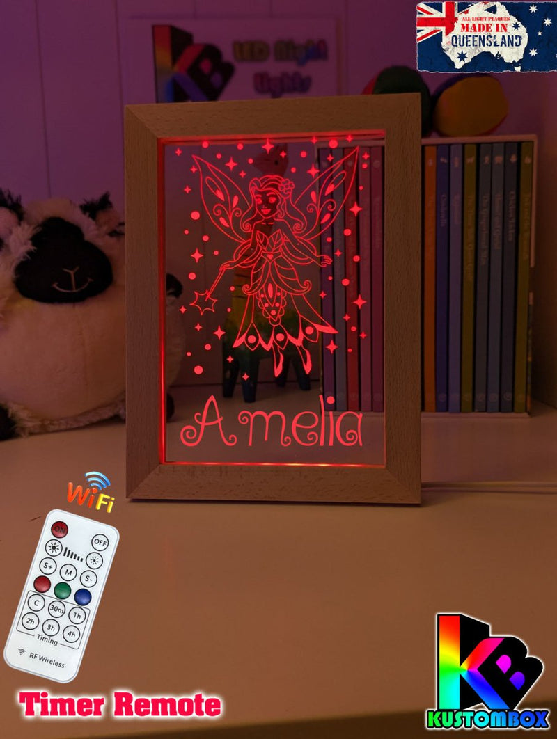 Fairy Princess Personalised Name Timber Frame base USB 3D LED Night Light + Remote - KustomboxNight Lights & Ambient LightingKustomboxTimber Frame Light