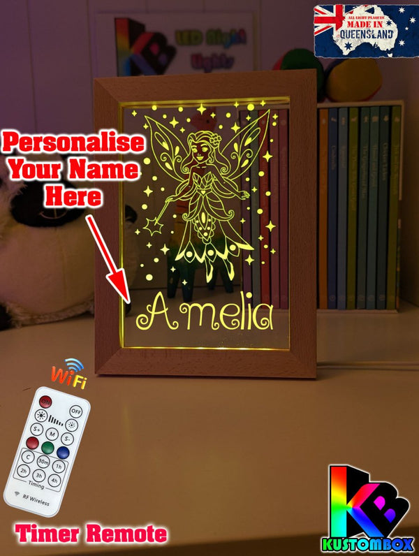 Fairy Princess Personalised Name Timber Frame base USB 3D LED Night Light + Remote - KustomboxNight Lights & Ambient LightingKustomboxTimber Frame Light