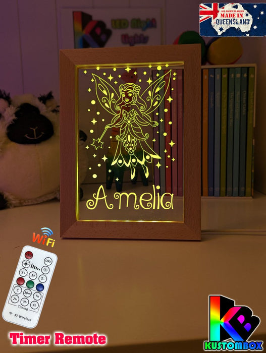 Fairy Princess Personalised Name Timber Frame base USB 3D LED Night Light + Remote - KustomboxNight Lights & Ambient LightingKustomboxTimber Frame Light
