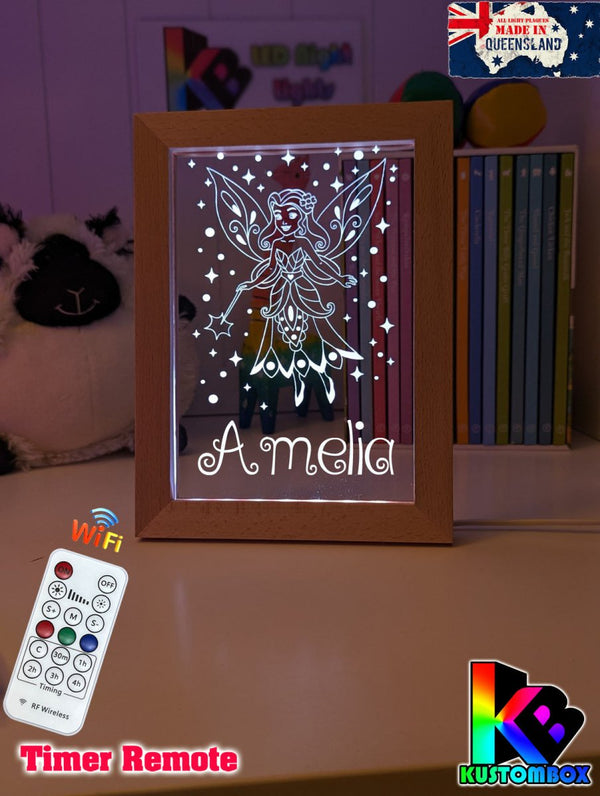 Fairy Princess Personalised Name Timber Frame base USB 3D LED Night Light + Remote - KustomboxNight Lights & Ambient LightingKustomboxTimber Frame Light