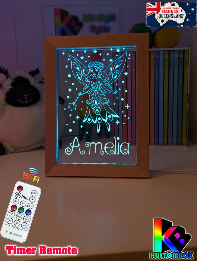 Fairy Princess Personalised Name Timber Frame base USB 3D LED Night Light + Remote - KustomboxNight Lights & Ambient LightingKustomboxTimber Frame Light