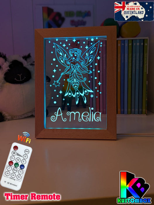 Fairy Princess Personalised Name Timber Frame base USB 3D LED Night Light + Remote - KustomboxNight Lights & Ambient LightingKustomboxTimber Frame Light