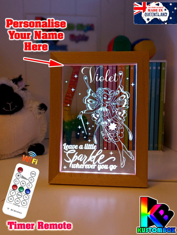 Fairy Princess Sparkles Personalised Name Timber Frame base USB 3D LED Night Light + Remote - KustomboxNight Lights & Ambient LightingKustomboxTimber Frame Light