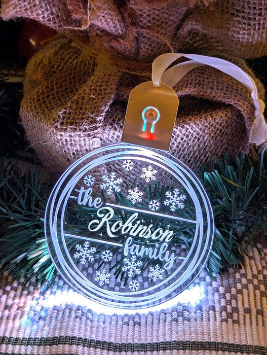 Family Name Christmas Snow Flakes Personalised Bauble Light Decoration - KustomboxNight Lights & Ambient LightingKustomboxBauble - Standard Size