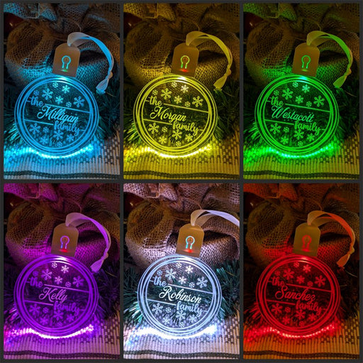 Family Name Christmas Snow Flakes Personalised Bauble Light Decoration - KustomboxNight Lights & Ambient LightingKustomboxBauble - Standard Size