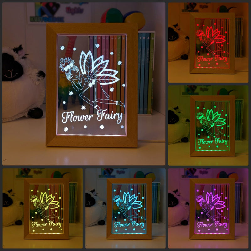 Flower Fairy Princess Personalised Name Timber Frame base USB 3D LED Night Light + Remote - KustomboxNight Lights & Ambient LightingKustomboxTimber Frame Light