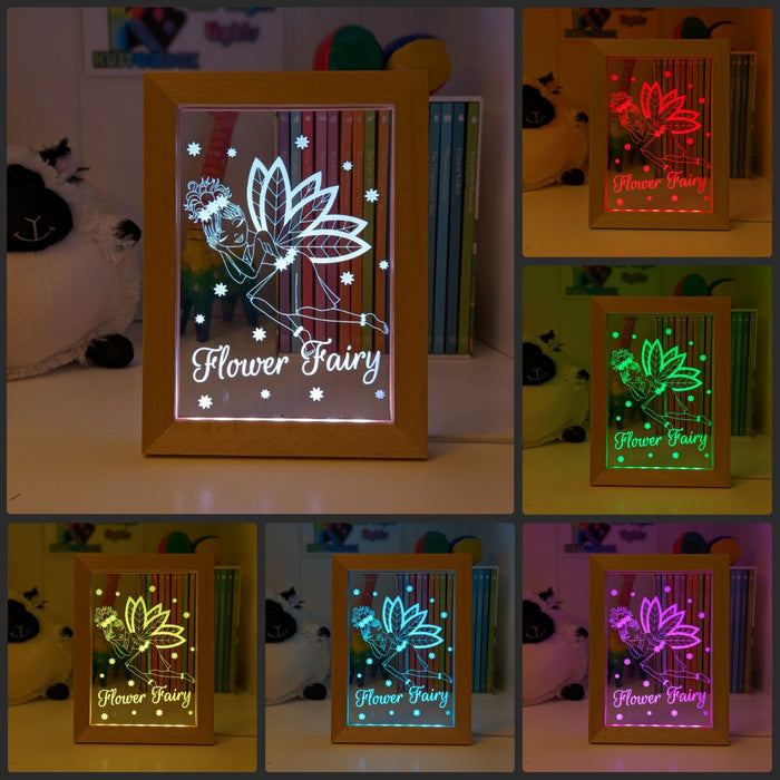 Flower Fairy Princess Personalised Name Timber Frame base USB 3D LED Night Light + Remote - KustomboxNight Lights & Ambient LightingKustomboxTimber Frame Light