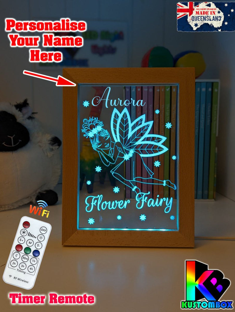 Flower Fairy Princess Personalised Name Timber Frame base USB 3D LED Night Light + Remote - KustomboxNight Lights & Ambient LightingKustomboxTimber Frame Light