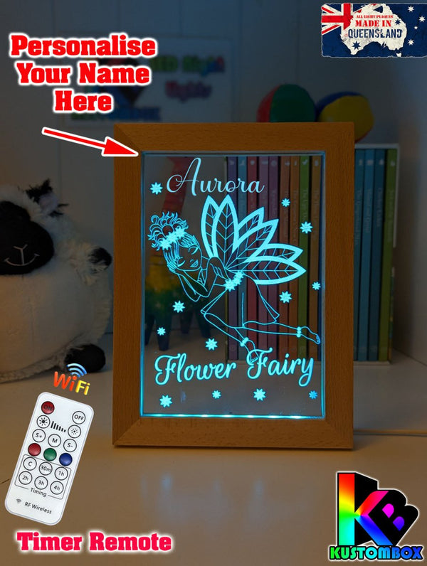 Flower Fairy Princess Personalised Name Timber Frame base USB 3D LED Night Light + Remote - KustomboxNight Lights & Ambient LightingKustomboxTimber Frame Light