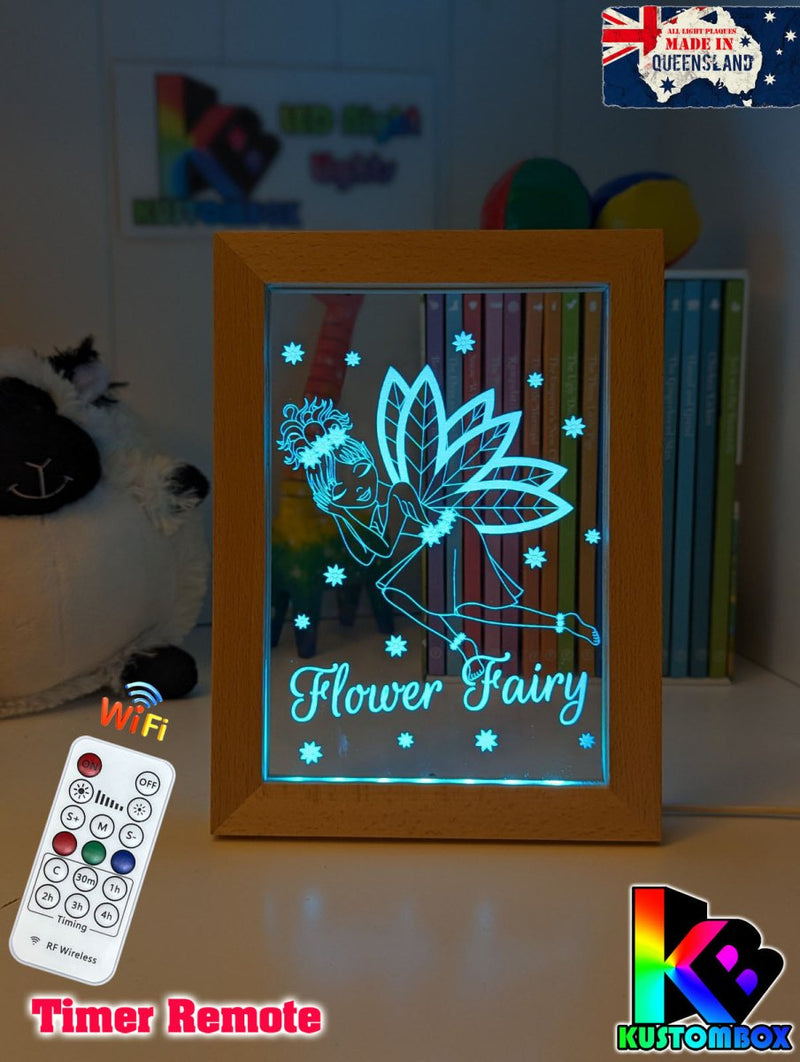 Flower Fairy Princess Personalised Name Timber Frame base USB 3D LED Night Light + Remote - KustomboxNight Lights & Ambient LightingKustomboxTimber Frame Light
