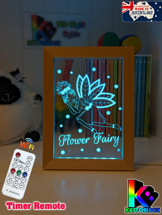 Flower Fairy Princess Personalised Name Timber Frame base USB 3D LED Night Light + Remote - KustomboxNight Lights & Ambient LightingKustomboxTimber Frame Light