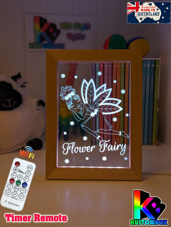 Flower Fairy Princess Personalised Name Timber Frame base USB 3D LED Night Light + Remote - KustomboxNight Lights & Ambient LightingKustomboxTimber Frame Light