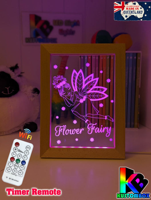 Flower Fairy Princess Personalised Name Timber Frame base USB 3D LED Night Light + Remote - KustomboxNight Lights & Ambient LightingKustomboxTimber Frame Light