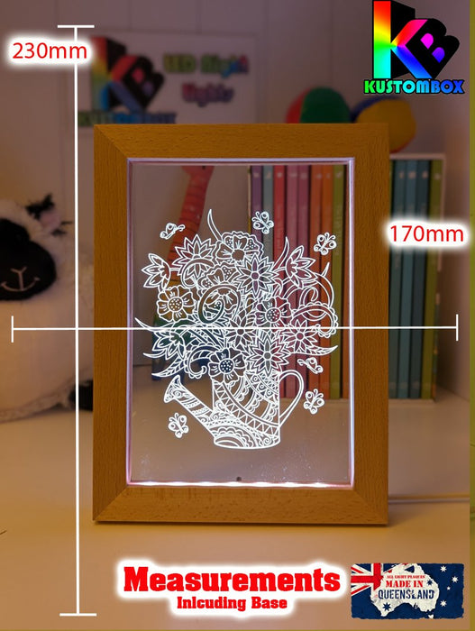 Flower Garden Watering Can Timber Frame base USB 3D LED Night Light + Remote - KustomboxNight Lights & Ambient LightingKustomboxTimber Frame Light