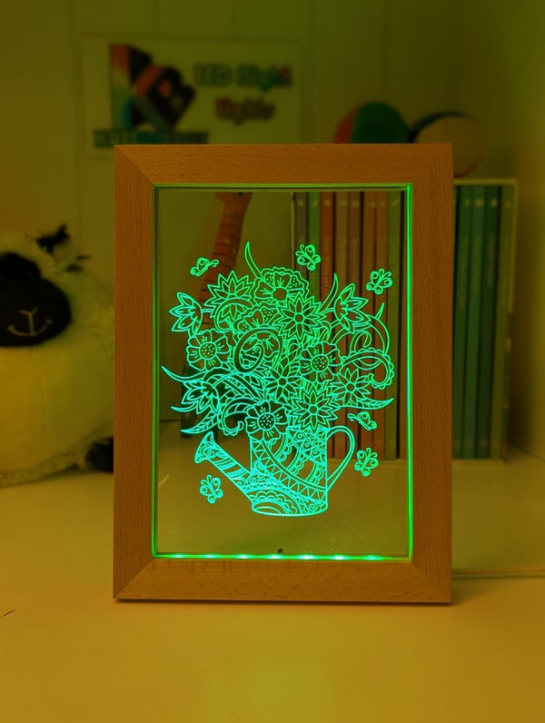 Flower Garden Watering Can Timber Frame base USB 3D LED Night Light + Remote - KustomboxNight Lights & Ambient LightingKustomboxTimber Frame Light