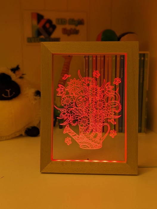 Flower Garden Watering Can Timber Frame base USB 3D LED Night Light + Remote - KustomboxNight Lights & Ambient LightingKustomboxTimber Frame Light