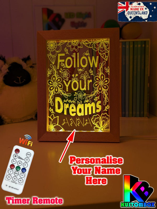 Follow Your Dreams Motivational Quote Timber Picture Frame USB 3D LED Night Light Lamp - KustomboxNight Lights & Ambient LightingKustomboxTimber Frame Light