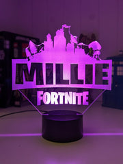 Personalised Fortnite LED night light displayed as a birthday gift for kids and gamers