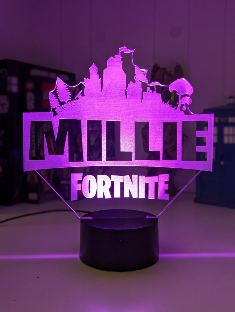 Personalised Fortnite LED night light displayed as a birthday gift for kids and gamers