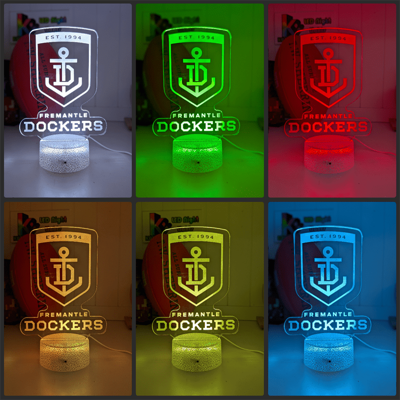 Freemantle Dockers 3D LED night light glowing softly in a child’s room. white crackle base colour change collage 