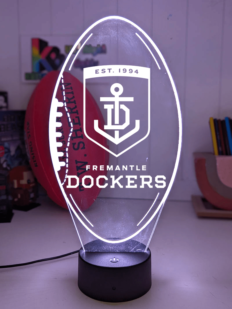 Fremantle dockers 3D LED light glowing in red, blue, green, yellow, purple, white and more.