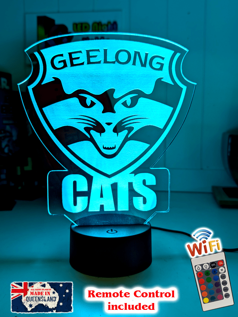 Geelong Cats LED lamp with 16-colour light modes and remote.