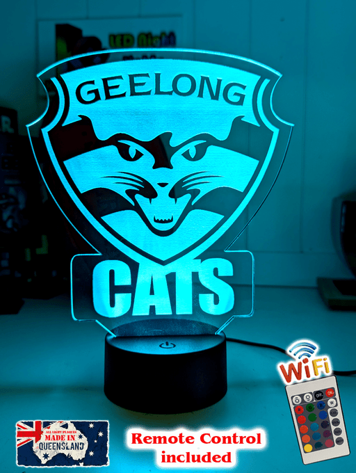 Geelong Cats LED lamp with 16-colour light modes and remote.