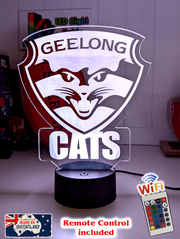 Geelong Cats 3D LED light glowing in red, blue, green, yellow, purple, white and more.