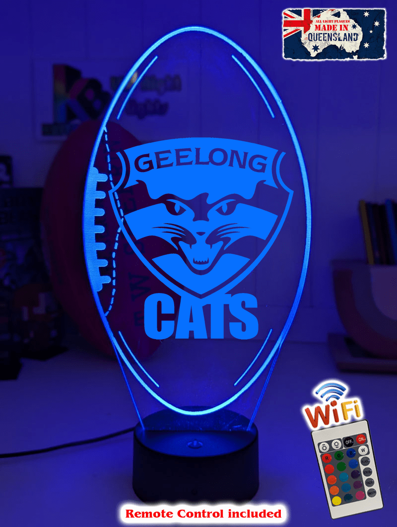Geelong Cats 3D LED light glowing in red, blue, green, yellow, purple, white and more.