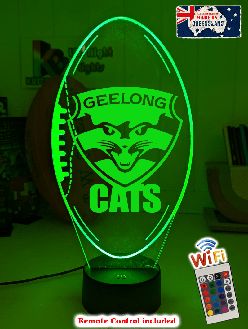 Geelong Cats 3D LED ball night light – 16-colour remote lamp for kids, bar or mancave.