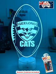 Geelong Cats 3D LED light glowing in red, blue, green, yellow, purple, white and more. white crackle base 