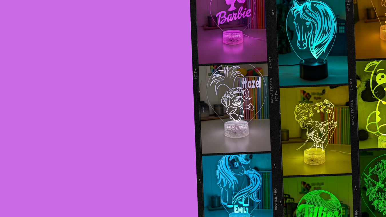 Collection of colourful 3D lit LED night lights for girls and Babies Rooms 