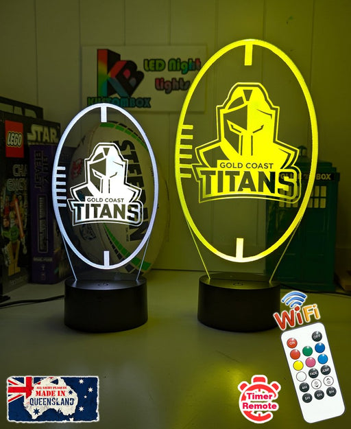 Personalised Gold Coast Titans 3D LED night light glowing in 7 colours, perfect for kids or man caves ball shape, current logo 