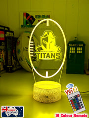 Personalised Gold Coast Titans LED night light featuring team logo outline and custom engraving. ball shape, current logo. white crackle base