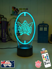 Custom Gold Coast Titans LED lamp with engraved name, multi-colour lighting for rugby league fans, ball shape, original logo. Blue Colour team lamp 