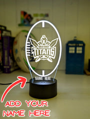 Gold Coast Titans logo 3D acrylic light with 16-colour remote, ideal NRL gift for bedroom or bar. ball shape, original logo. add your custom name