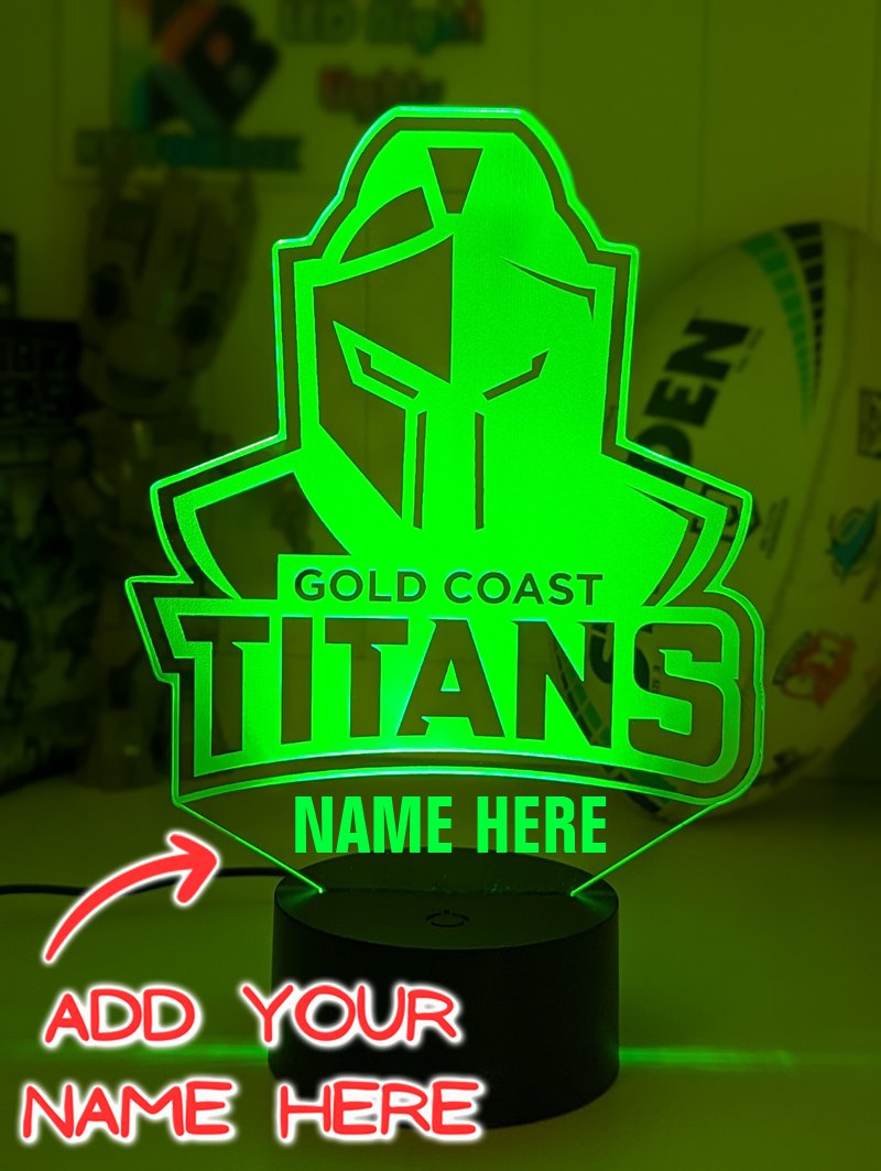 Personalised Gold Coast Titans LED night light featuring team logo outline and custom engraving. Outline shape, new logo