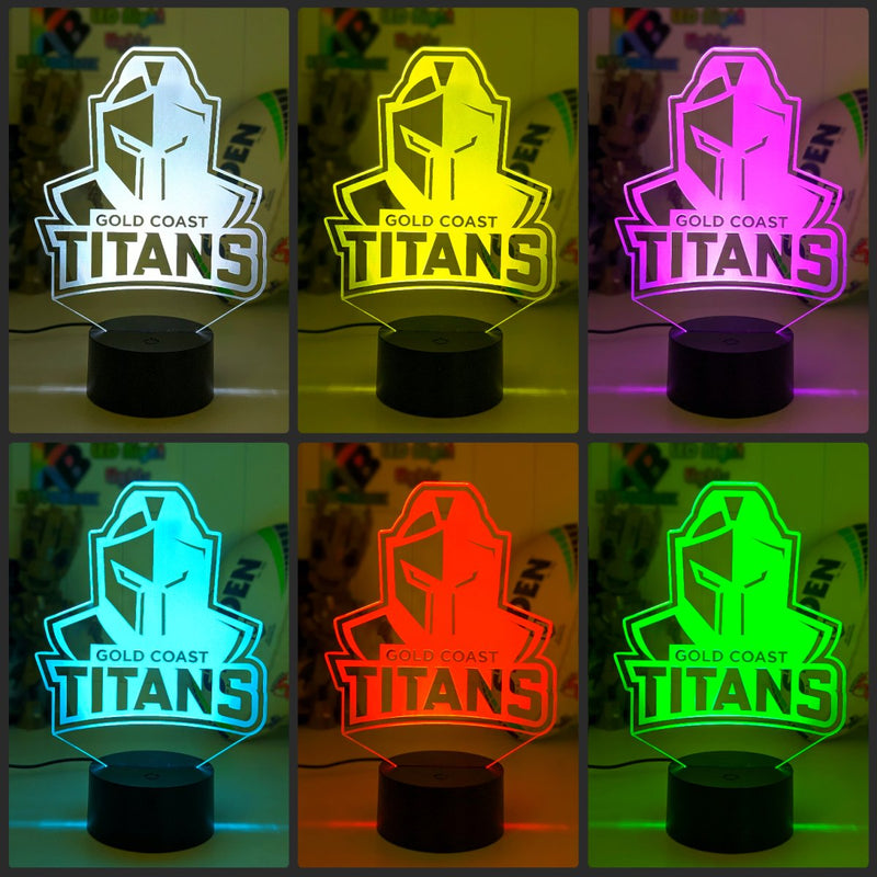 Custom Gold Coast Titans LED lamp with engraved name, multi-colour lighting for rugby league fans, Outline shape, new logo colour collage